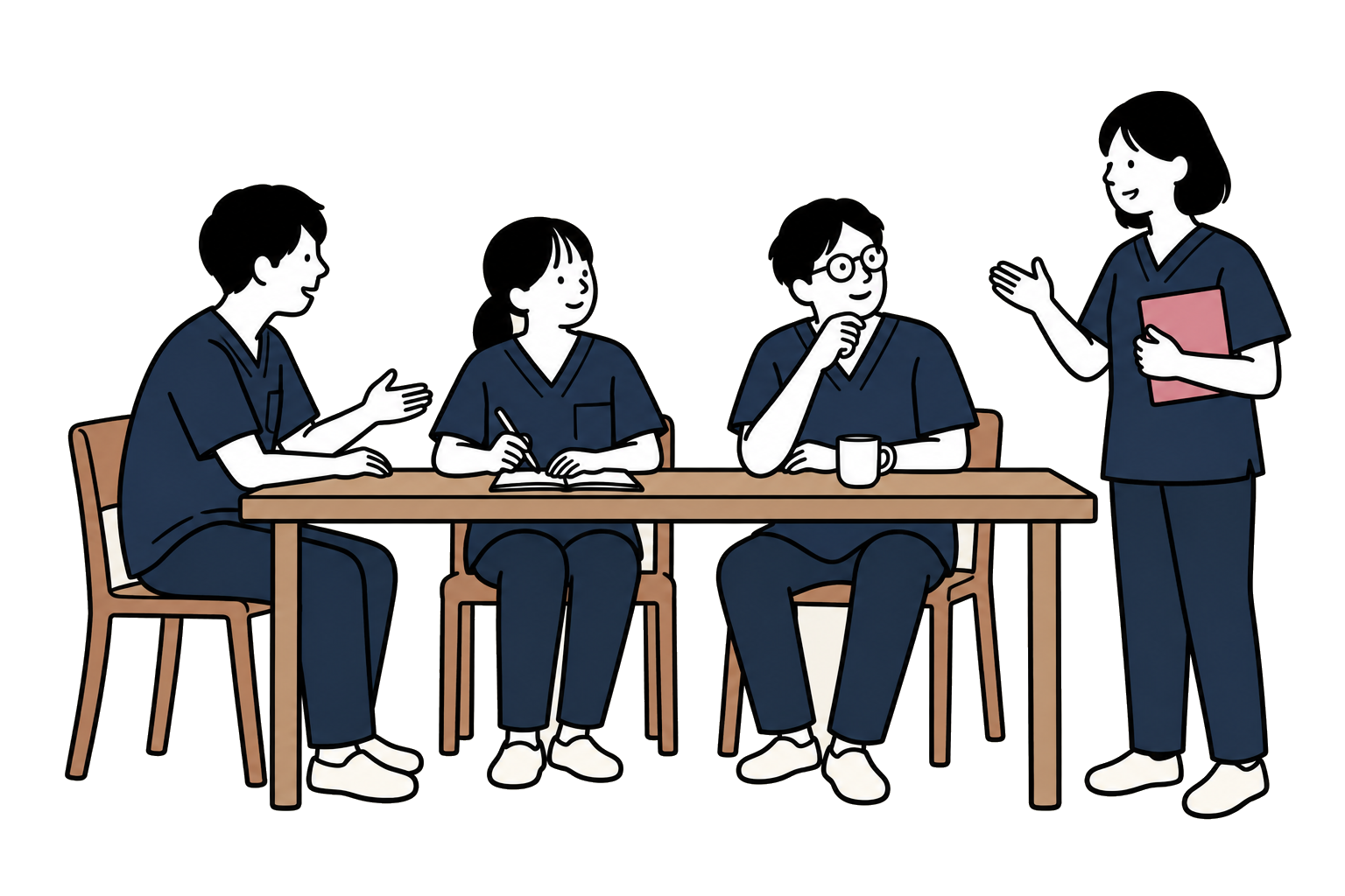 紺のスクラブを着たスタッフがテーブルを囲んで話しているイラスト