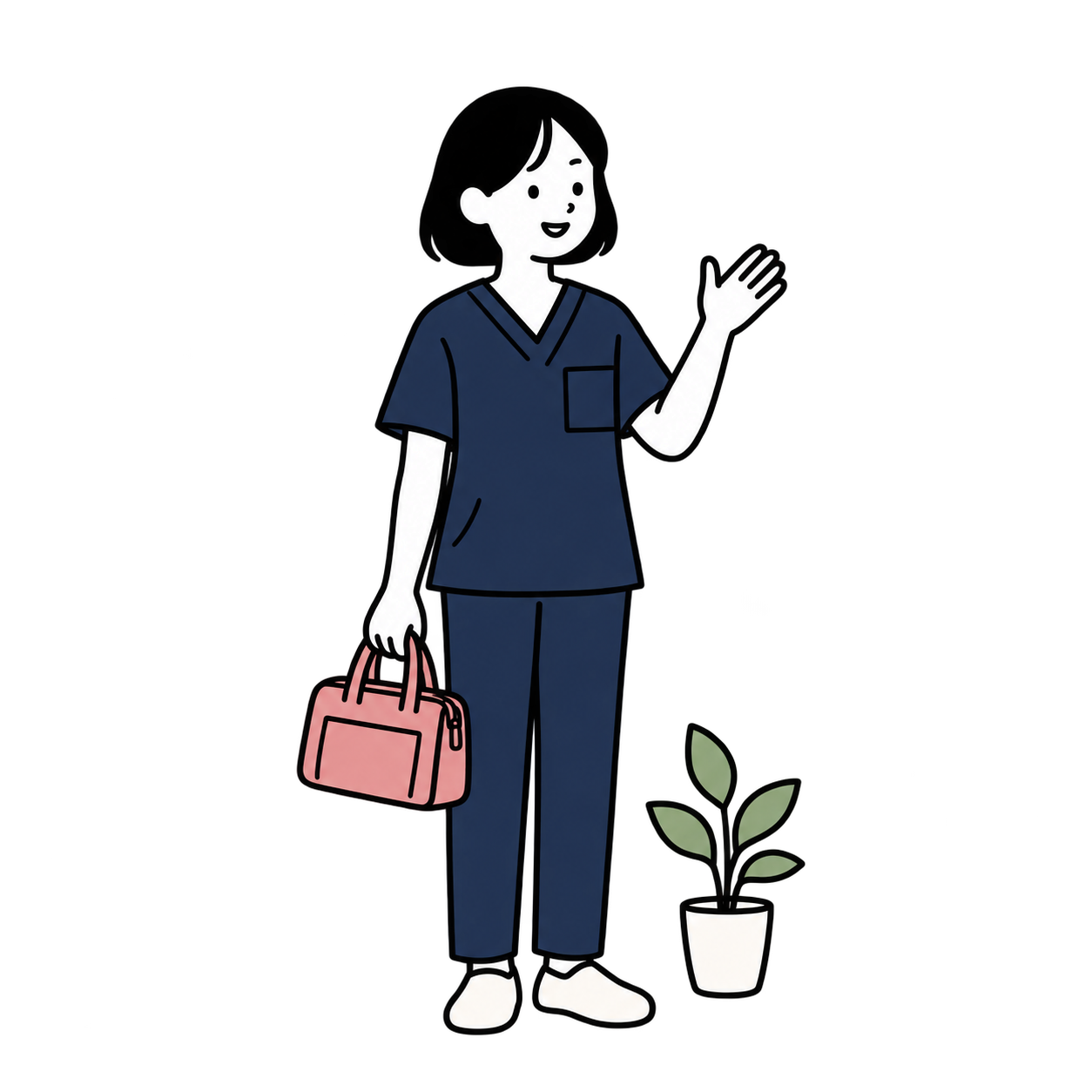 かばんを持った訪問看護師が手を振っているイラスト